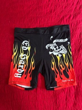 Ed Hardy Black Biker Shorts with Red, Orange & Yellow Flame Print